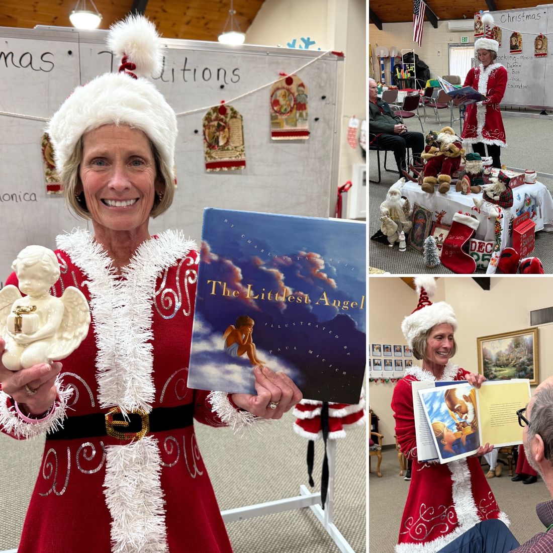 Julie as Mrs. Claus reading a Christmas story